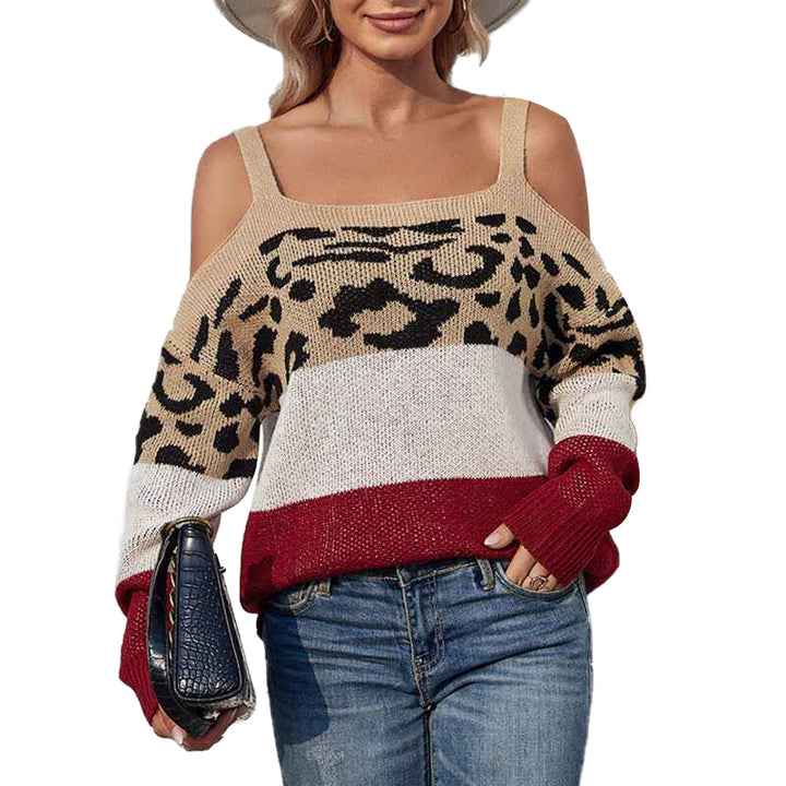 Khaki-Womens-Leopard-Print-Off-Shoulder-Sweaters-Long-Sleeve-Cold-Shoulder-Warm-Sweaters-Casual-Loose-Fit-Solid-Pullovers-Knit-Jumper-K233