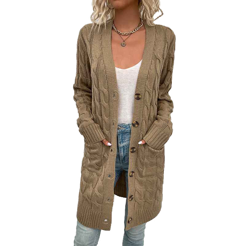 Khaki-Womens-Long-Sleeve-Cable-Knit-Button-Down-Midi-Long-Cardigan-Sweater-Open-Front-Chunky-Knitwear-Coat-with-Pockets-K075