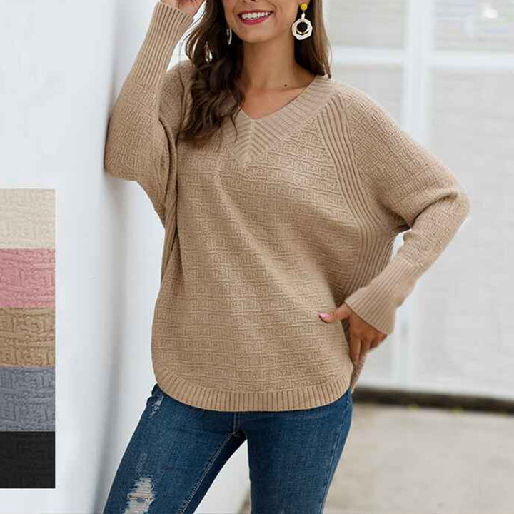    Khaki-Womens-Long-Sleeve-Knit-Sweater-Side-Button-Pullover-V-Neck-Mid-Length-Tunic-Jumper-Sweater-K364
