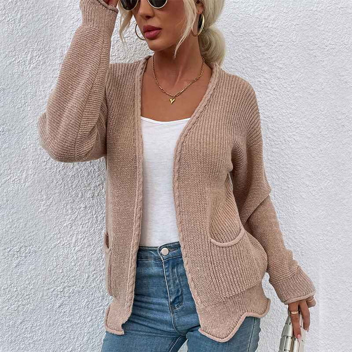 Khaki-Womens-Long-Sleeve-Open-Front-Knit-Cardigan-Sweater-K329-Front-2