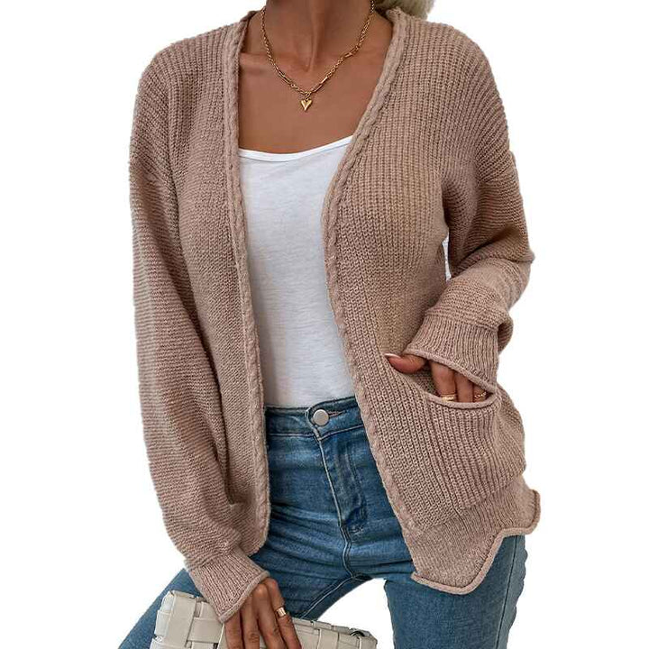 Khaki-Womens-Long-Sleeve-Open-Front-Knit-Cardigan-Sweater-K329