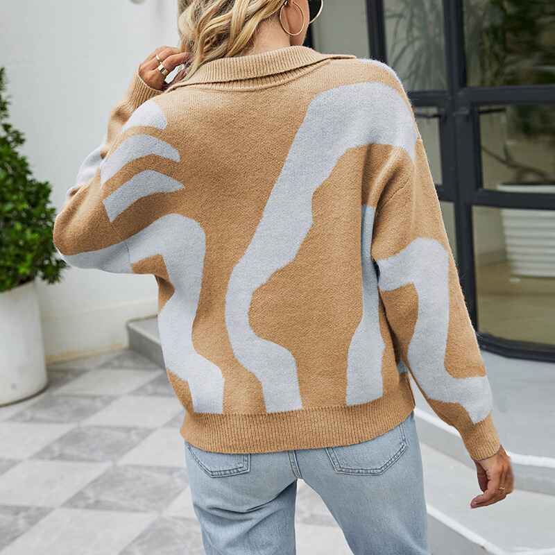 Khaki-Womens-Long-Sleeve-V-Neck-Fashion-Sweater-Solid-Color-Ribbed-Knit-Foldover-Collar-Pullover-Cute-Relaxed-Fit-Jumper-K471-Back