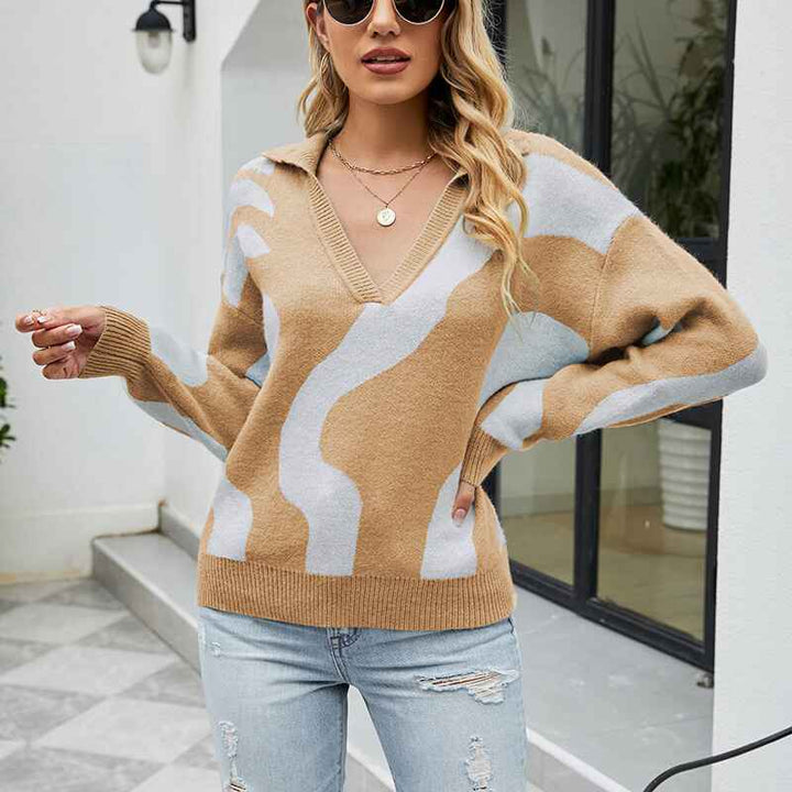       Khaki-Womens-Long-Sleeve-V-Neck-Fashion-Sweater-Solid-Color-Ribbed-Knit-Foldover-Collar-Pullover-Cute-Relaxed-Fit-Jumper-K471-Front