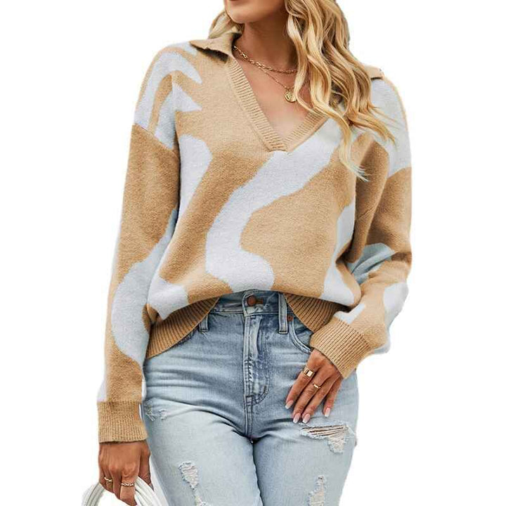 Khaki-Womens-Long-Sleeve-V-Neck-Fashion-Sweater-Solid-Color-Ribbed-Knit-Foldover-Collar-Pullover-Cute-Relaxed-Fit-Jumper-K471