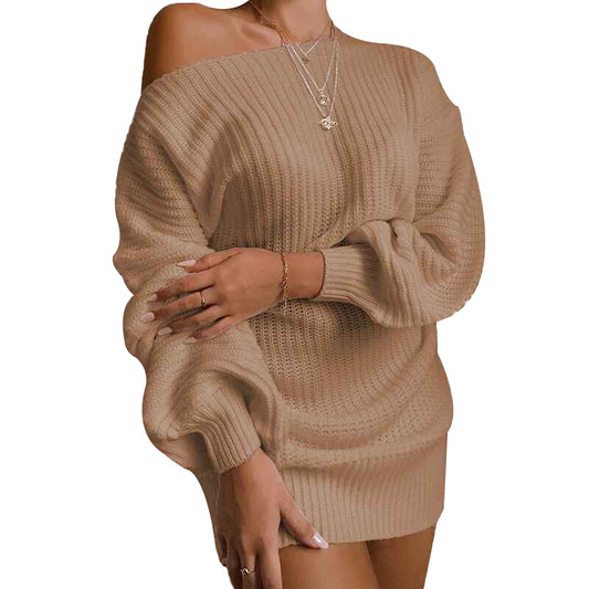 Khaki-Womens-Off-Shoulder-Sweater-Dress-Long-Sleeve-Loose-Oversized-Pullover-Knit-Jumper-K032