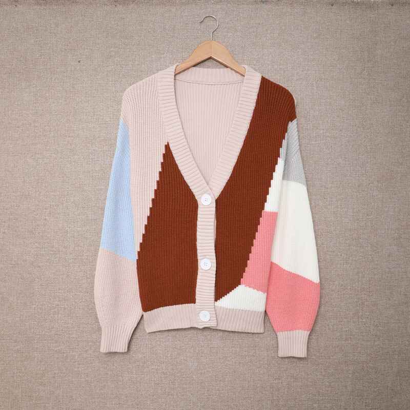 Khaki-Womens-Open-Front-Color-Block-Cardigans-Long-Sleeve-Knit-Cardigan-Sweater-K107
