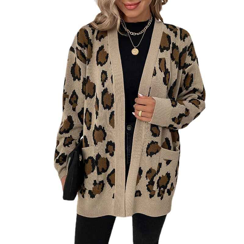 Khaki-Womens-Open-Front-Leopard-Knit-Cardigan-Sweaters-Pockets-Long-Sleeve-Outwear-K272
