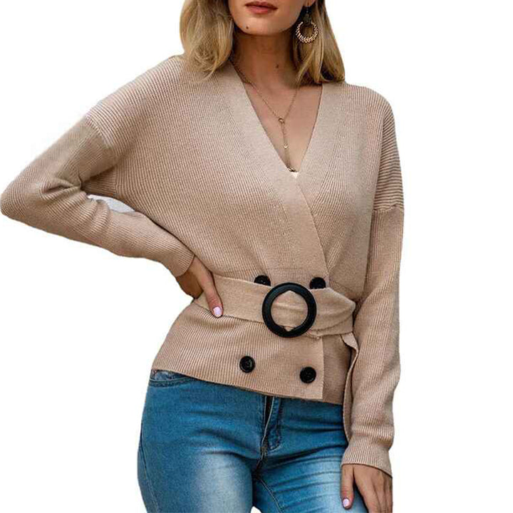 Khaki-Womens-Pullover-Ribbed-Cropped-Knitwear-Drawstring-Ruched-Knitted-Crop-Top-Solid-V-Neck-Long-Sleeve-T-Shirt-K318