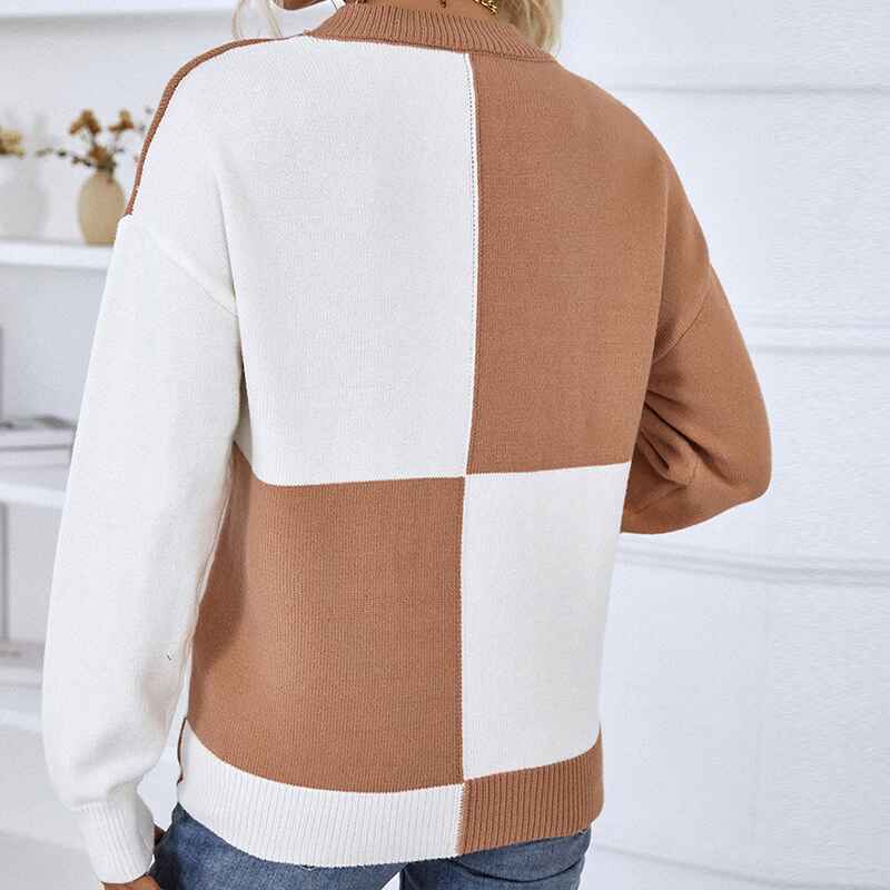    Khaki-Womens-Round-Neck-Long-Sleeve-Sweaters-Cable-Knit-Color-Block-Pullover-Sweater-Jumper-Tops-K433-Back