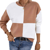 Khaki-Womens-Round-Neck-Long-Sleeve-Sweaters-Cable-Knit-Color-Block-Pullover-Sweater-Jumper-Tops-K433