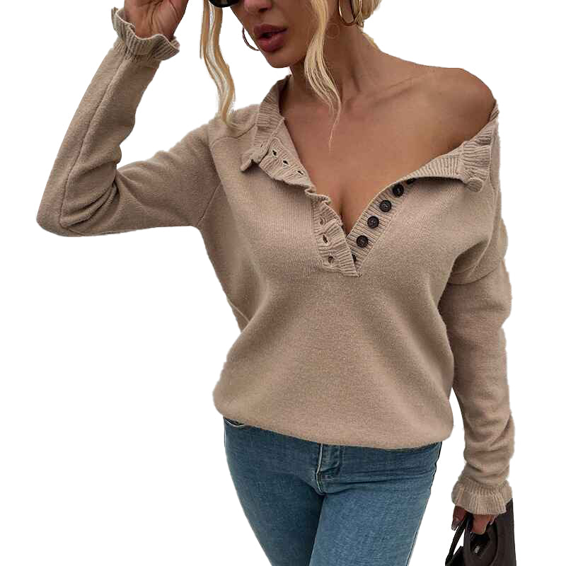 Khaki-Womens-Solid-Color-Long-Sleeve-Sweater-Round-Neck-Button-Ruffle-Pullover-Casual-Knit-Top-K261