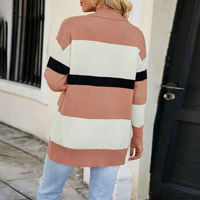    Khaki-Womens-Striped-Cardigan-Sweater-Open-Front-Button-Down-Cardigan-Coat-Outwear-K498-Back