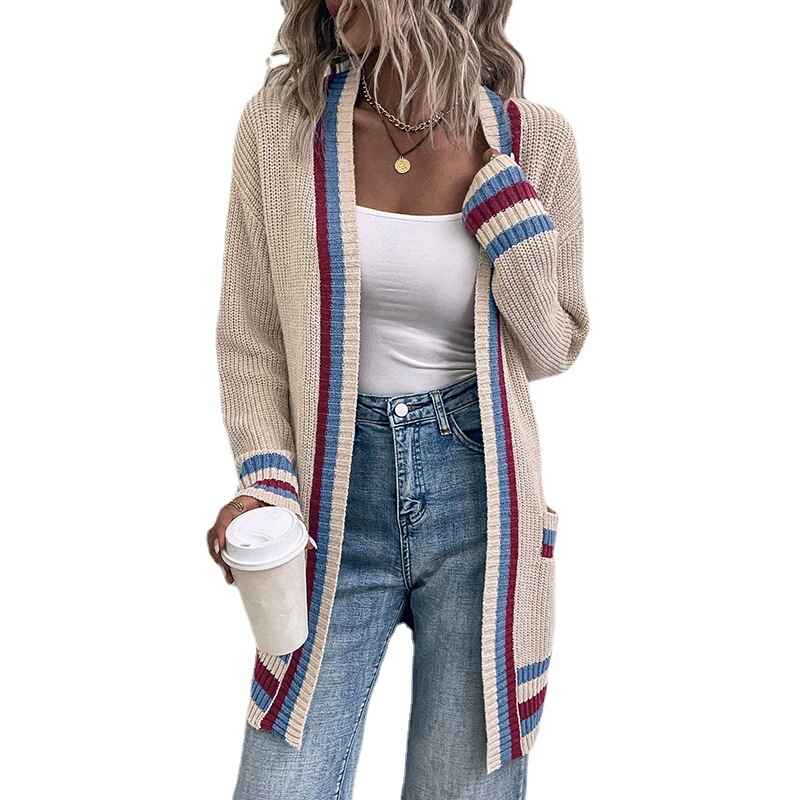 Khaki-Womens-Striped-Cardigan-Sweater-Open-Front-Button-Down-Cardigan-Coat-Outwear-with-Pockets-K410