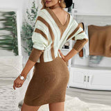 Khaki-Womens-Sweater-Bodycon-Dress-Colorblock-Striped-Long-Sleeve-Slim-Fit-Knit-Sweater-Dress-K214-Back