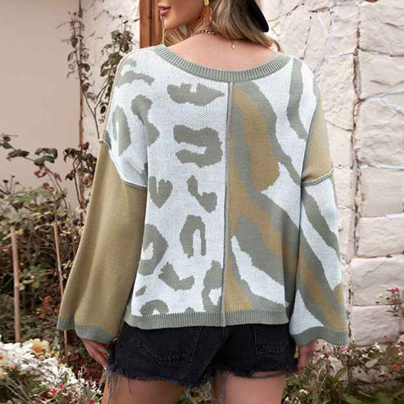 Khaki-Womens-Sweater-V-Neck-Leopard-Print-Long-Sleeve-Color-Block-Knit-Pullover-Jumper-Tops-K154-Back