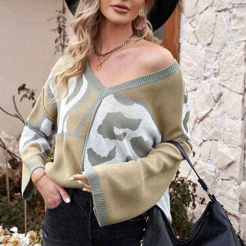 Khaki-Womens-Sweater-V-Neck-Leopard-Print-Long-Sleeve-Color-Block-Knit-Pullover-Jumper-Tops-K154-Front