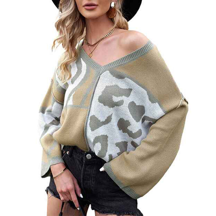 Khaki-Womens-Sweater-V-Neck-Leopard-Print-Long-Sleeve-Color-Block-Knit-Pullover-Jumper-Tops-K154