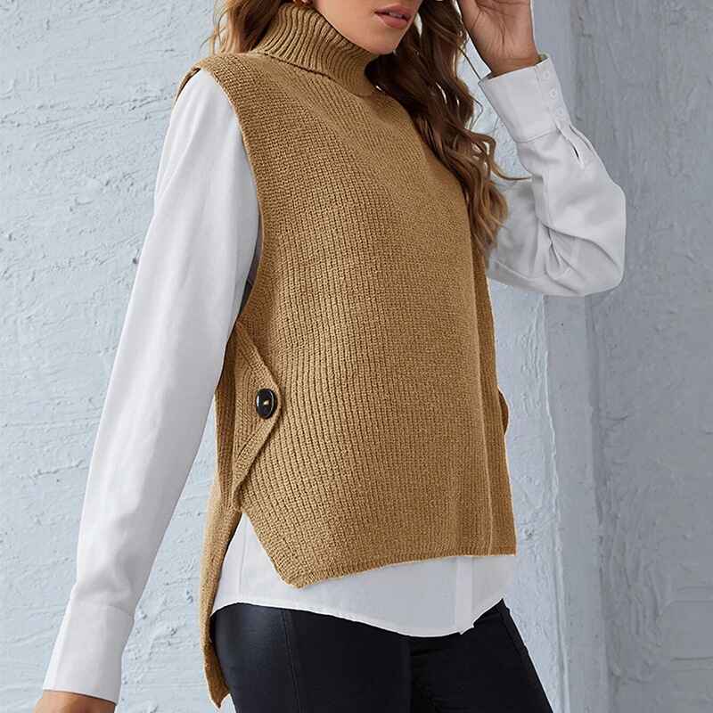 Khaki-Womens-Sweater-Vest-Cable-Knit-Turtleneck-High-Neck-Sleeveless-Pullover-Tank-Top-K015