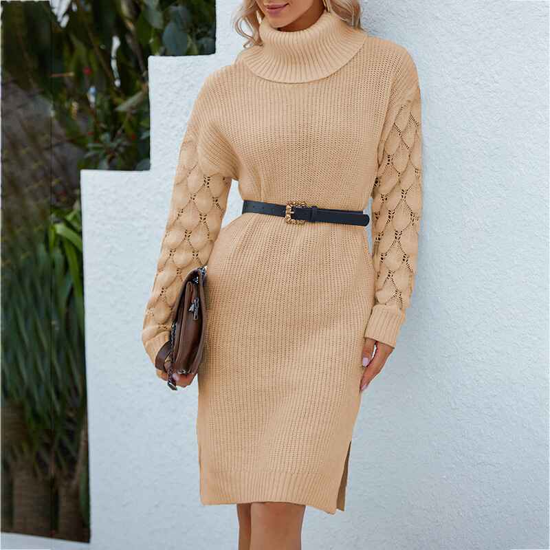 Khaki-Womens-Turtleneck-Long-Sleeve-Knit-Pullover-Sweater-Bodycon-Mini-Dress-K252