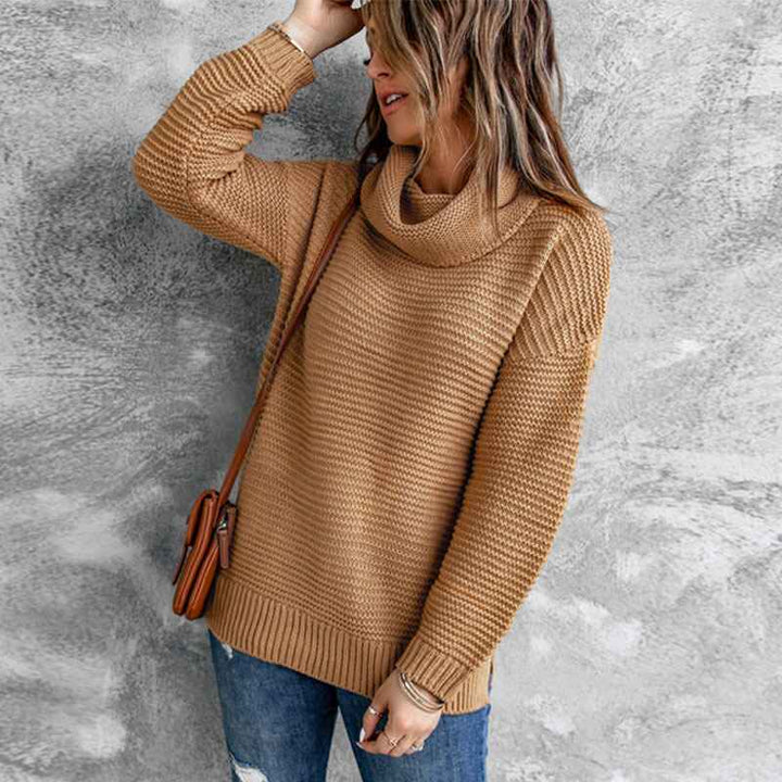 Khaki-Womens-Turtleneck-Long-Sleeve-Knitted-Pullover-Sweater-Chunky-Warm-Pullover-Sweater-K207-Front