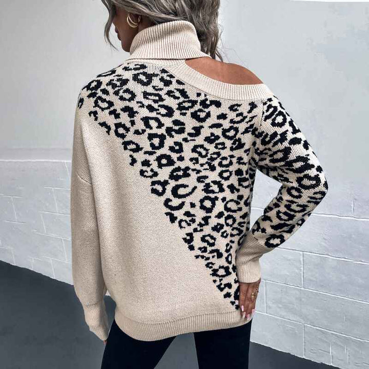 Khaki-Womens-Turtleneck-Sweaters-Leopard-Print-Stitching-Knit-Pullover-Off-Shoulder-Comfy-Sweater-Tops-K417-Back