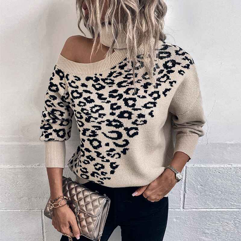 Khaki-Womens-Turtleneck-Sweaters-Leopard-Print-Stitching-Knit-Pullover-Off-Shoulder-Comfy-Sweater-Tops-K417-Front