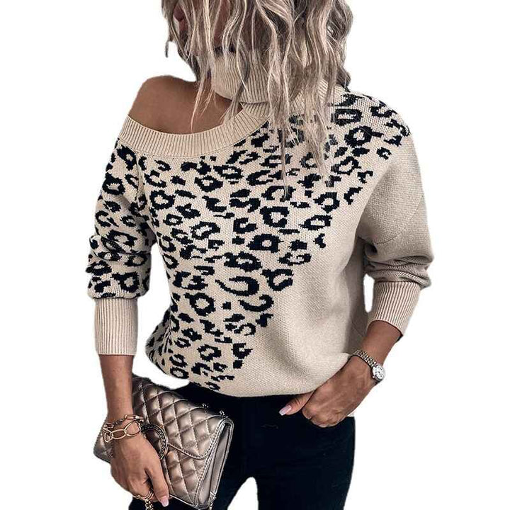 Khaki-Womens-Turtleneck-Sweaters-Leopard-Print-Stitching-Knit-Pullover-Off-Shoulder-Comfy-Sweater-Tops-K417