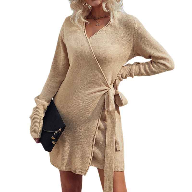 Khaki-Womens-V-Neck-Batwing-Long-Sleeve-Sexy-Backless-Wrap-Bodycon-Cocktail-Pullover-Sweater-Mini-Dress-with-Belt-K280-Front
