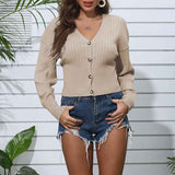 Khaki-Womens-V-Neck-Ribbed-Button-Up-Cardigan-Solid-Knitwear-Long-Sleeve-Surplice-Crop-Tops-Sweaters-K284