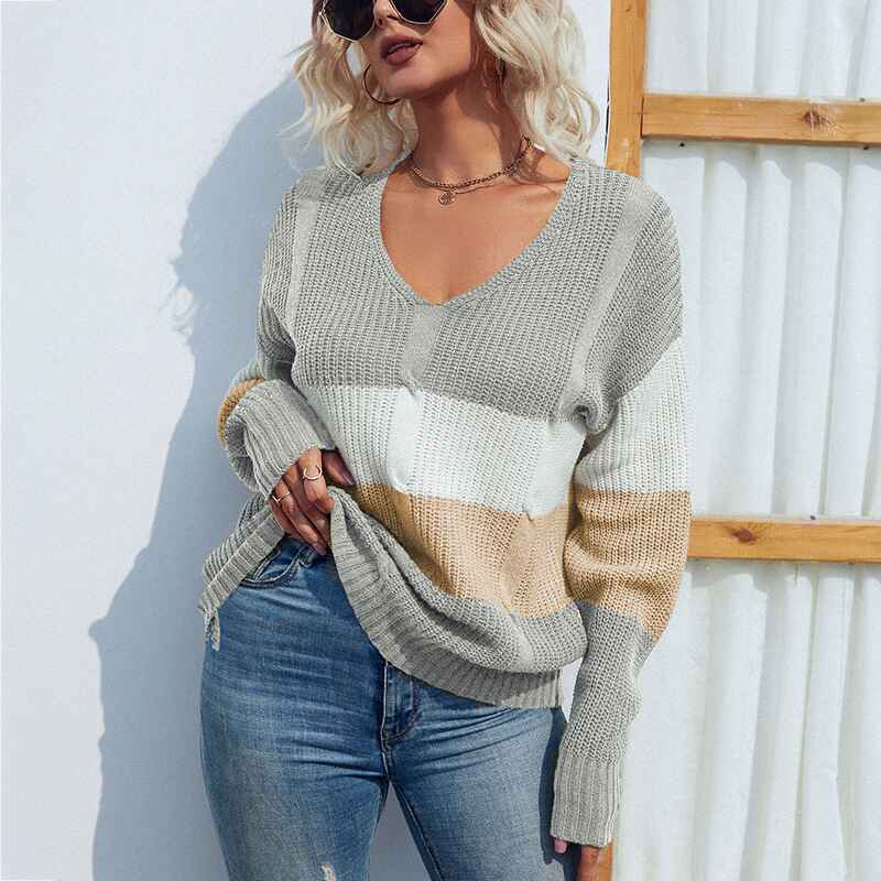 Khaki-Womens-V-Neck-Sweater-Long-Sleeve-Oversized-Cable-Knit-Pullover-Jumper-Tops-K257