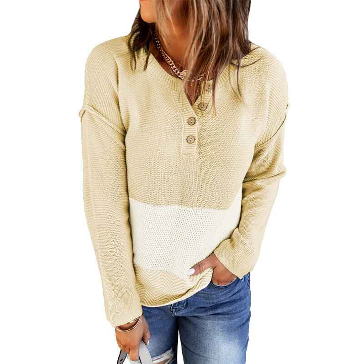 Khaki-Womens-V-Neck-Sweaters-Fall-Long-Sleeve-Waffle-Knit-Tops-Tunic-Pullover-Sweater-Button-Casual-Henley-Shirts-K169_2