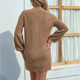 Khaki-Womens-VNeck-Long-Sleeve-Ribbed-Knit-Button-Down-Slim-Sweater-Dress-Bodycon-Mini-Pullover-Sweater-Dress-K279-Back