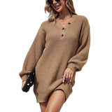    Khaki-Womens-VNeck-Long-Sleeve-Ribbed-Knit-Button-Down-Slim-Sweater-Dress-Bodycon-Mini-Pullover-Sweater-Dress-K279-Front