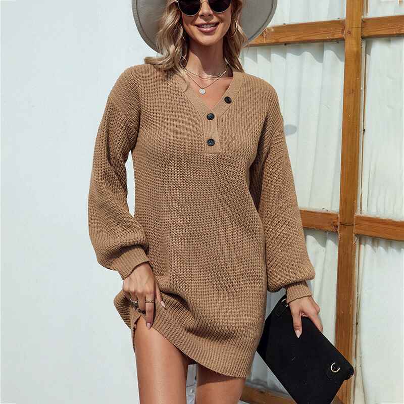 Khaki-Womens-VNeck-Long-Sleeve-Ribbed-Knit-Button-Down-Slim-Sweater-Dress-Bodycon-Mini-Pullover-Sweater-Dress-K279