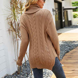 Khaki-Womens-Winter-Casual-Long-Sleeve-Solid-Color-Cable-Knit-Balloon-Sleeve-Mock-Neck-Sweater-K457-Back