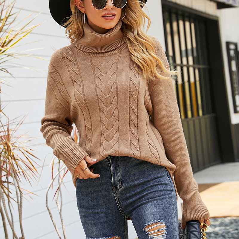 Khaki-Womens-Winter-Casual-Long-Sleeve-Solid-Color-Cable-Knit-Balloon-Sleeve-Mock-Neck-Sweater-K457-Front