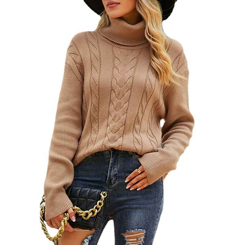Khaki-Womens-Winter-Casual-Long-Sleeve-Solid-Color-Cable-Knit-Balloon-Sleeve-Mock-Neck-Sweater-K457