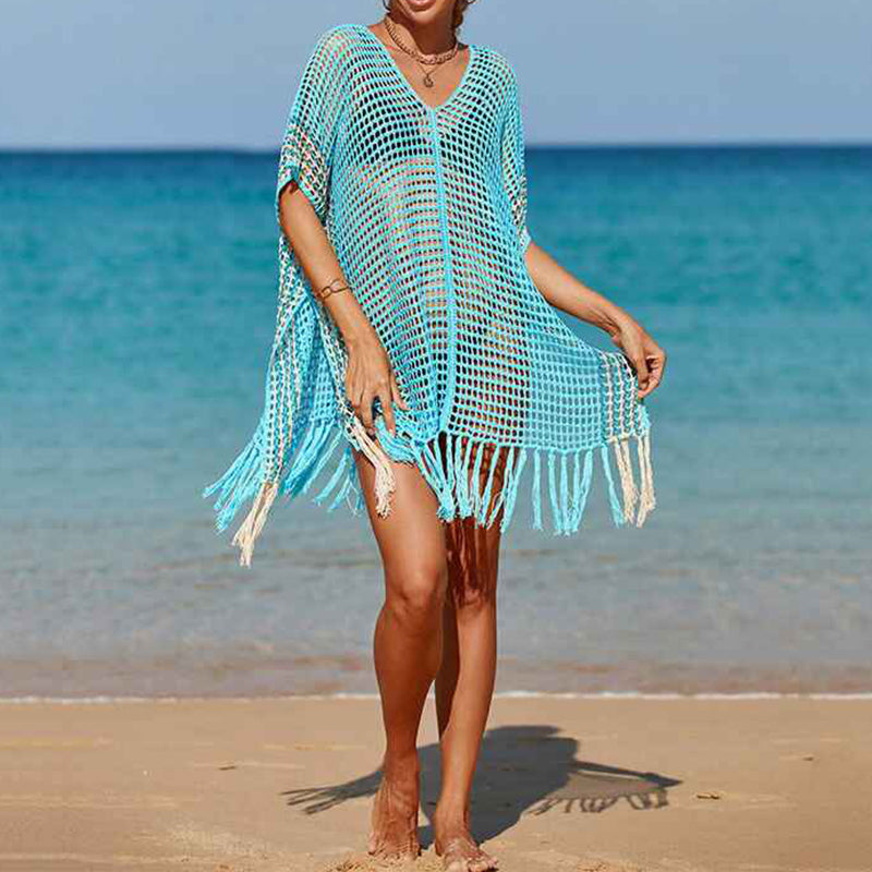   Lake-Blue-Stripe-Womens-beach-color-matching-hollow-knitted-blouse-sunscreen-knitted-dress
