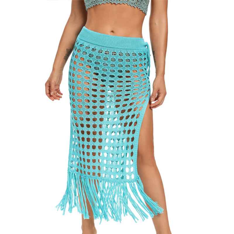 Lake-Green-Womens-Fringe-Split-Knitted-Swimsuit-Beach-Crochet-Cover-Up-Skirt-K551