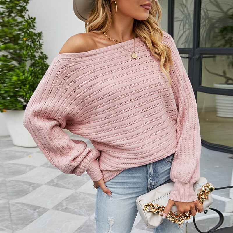 Leather-Powder-Womens-Off-Shoulder-Sweater-Batwing-Sleeve-Loose-Oversized-Pullover-Knit-Jumper-K461-Front