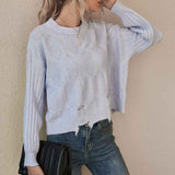 Light-Blue-CrewAstylish-Women-Sexy-Loose-Crew-Neck-Ripped-Knitted-Pullover-Crop-Sweater-Top-K357-Front