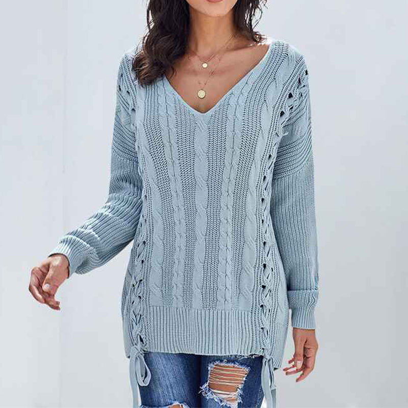 Light-Blue-Womens-Off-Shoulder-Long-Sleeve-V-Neck-Ribbed-Cable-Pullover-Sweaters-Loose-Fitting-Jumper-Tops-K181-Front