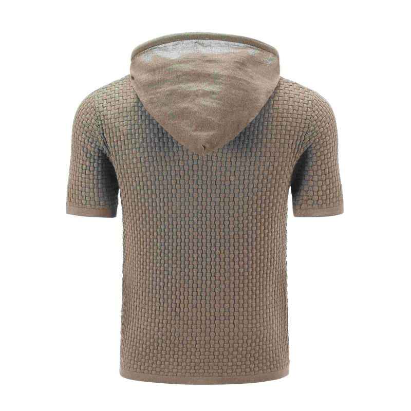 Light-Brown-Mens-Hooded-Sweatshirt-Short-Sleeve-Solid-Knitted-Hoodie-Pullover-Sweater-G081-Back
