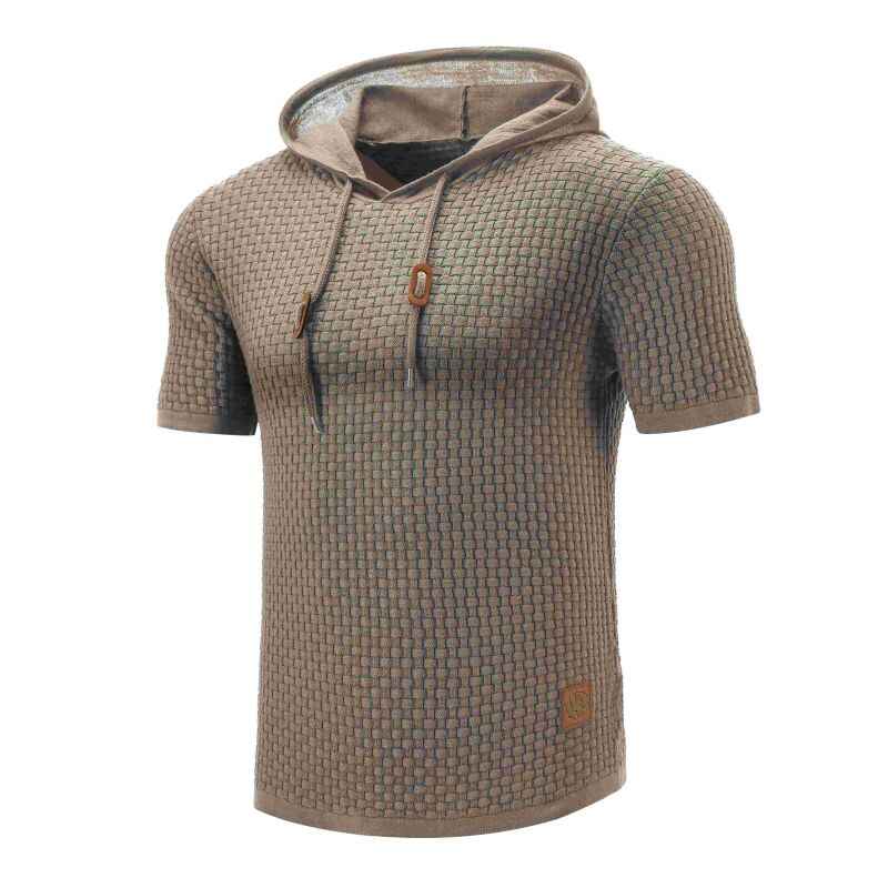 Light-Brown-Mens-Hooded-Sweatshirt-Short-Sleeve-Solid-Knitted-Hoodie-Pullover-Sweater-G081-Side