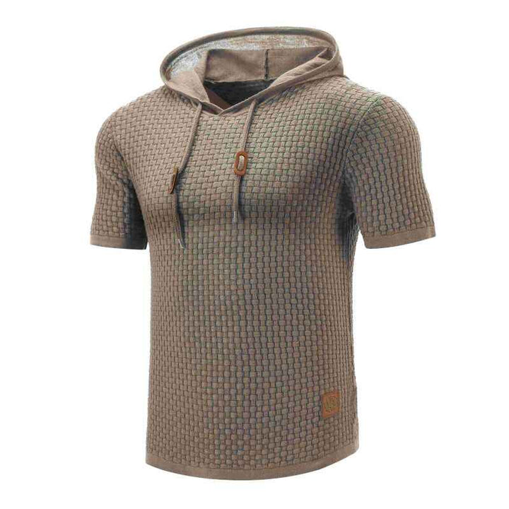 Light-Brown-Mens-Hooded-Sweatshirt-Short-Sleeve-Solid-Knitted-Hoodie-Pullover-Sweater-G081-Side