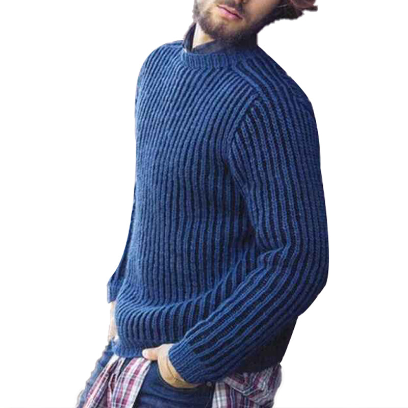    Light-Dark-Blue-Mens-Crewneck-Cable-Cotton-Sweater-G030-2
