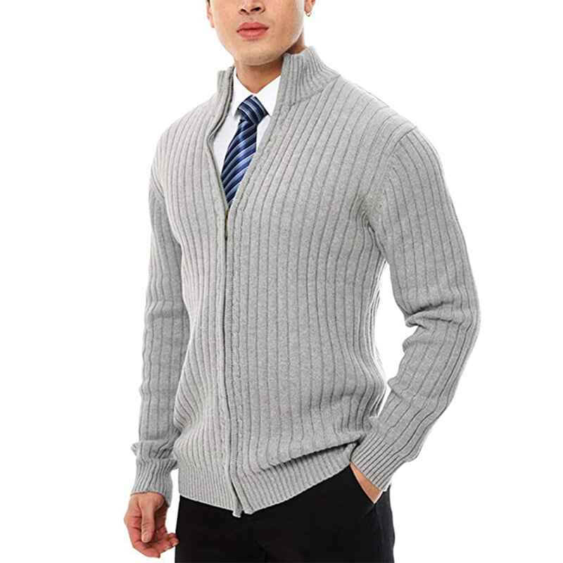    Light-Gray-Mens-Cardigan-Sweaters-Full-Zip-Up-Stand-Collar-Slim-Fit-Casual-Knitted-Sweater-G011