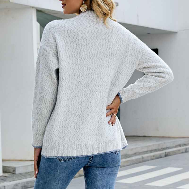 Light-Gray-Womens-V-Neck-Button-Down-Knitwear-Long-Sleeve-Soft-Basic-Knit-Cardigan-Sweater-K447-Back