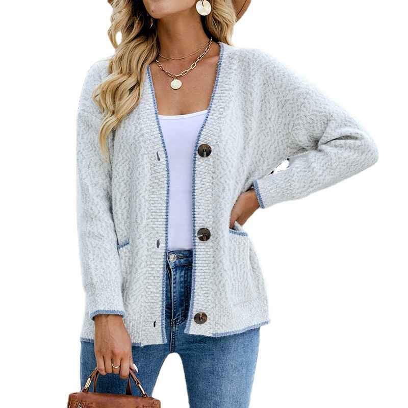     Light-Gray-Womens-V-Neck-Button-Down-Knitwear-Long-Sleeve-Soft-Basic-Knit-Cardigan-Sweater-K447