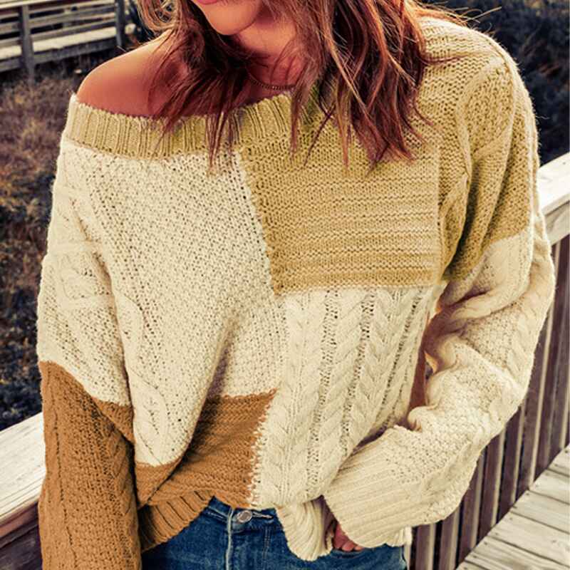     Multicolor-Women-Sweater-Long-Sleeve-Color-Block-Knit-Pullover-Sweaters-Crew-Neck-Patchwork-Casual-Loose-Jumper-Tops-K144-Front